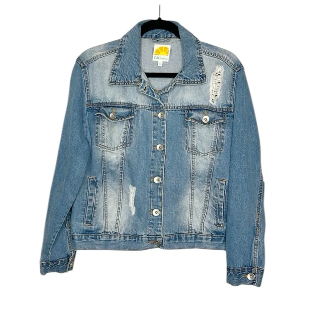 C&C California distressed button front denim jacket size Large